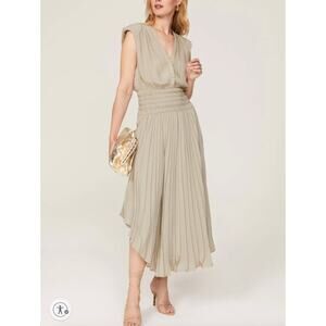 Ray Brook Beige Pleated Midi Dress SMALL Blouson Smocked Designer Romantic $565